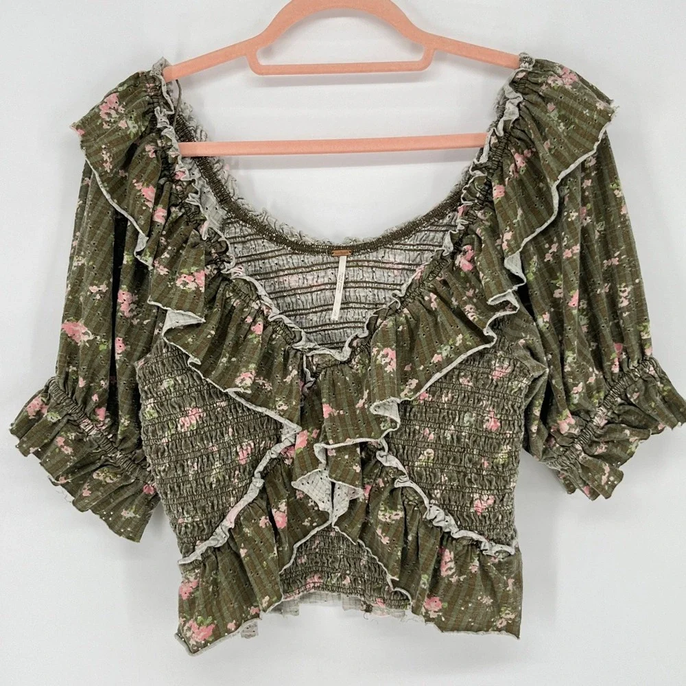 Free People Olive Floral Smocked Eyelet Ruffle Crop Top Boho Prairie Women Large